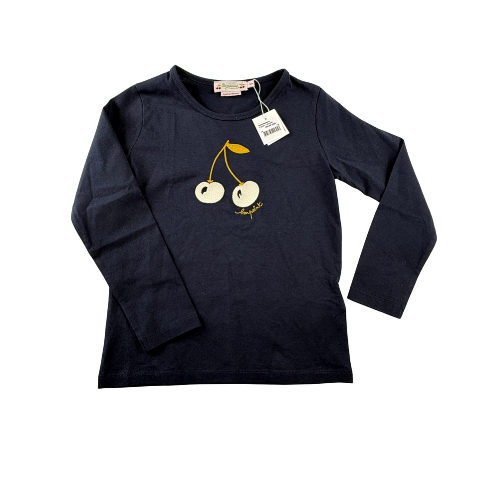 Bonpoint Cherry Long Sleeve Top Girls Size 6 Navy Cotton T-Shirt NWT